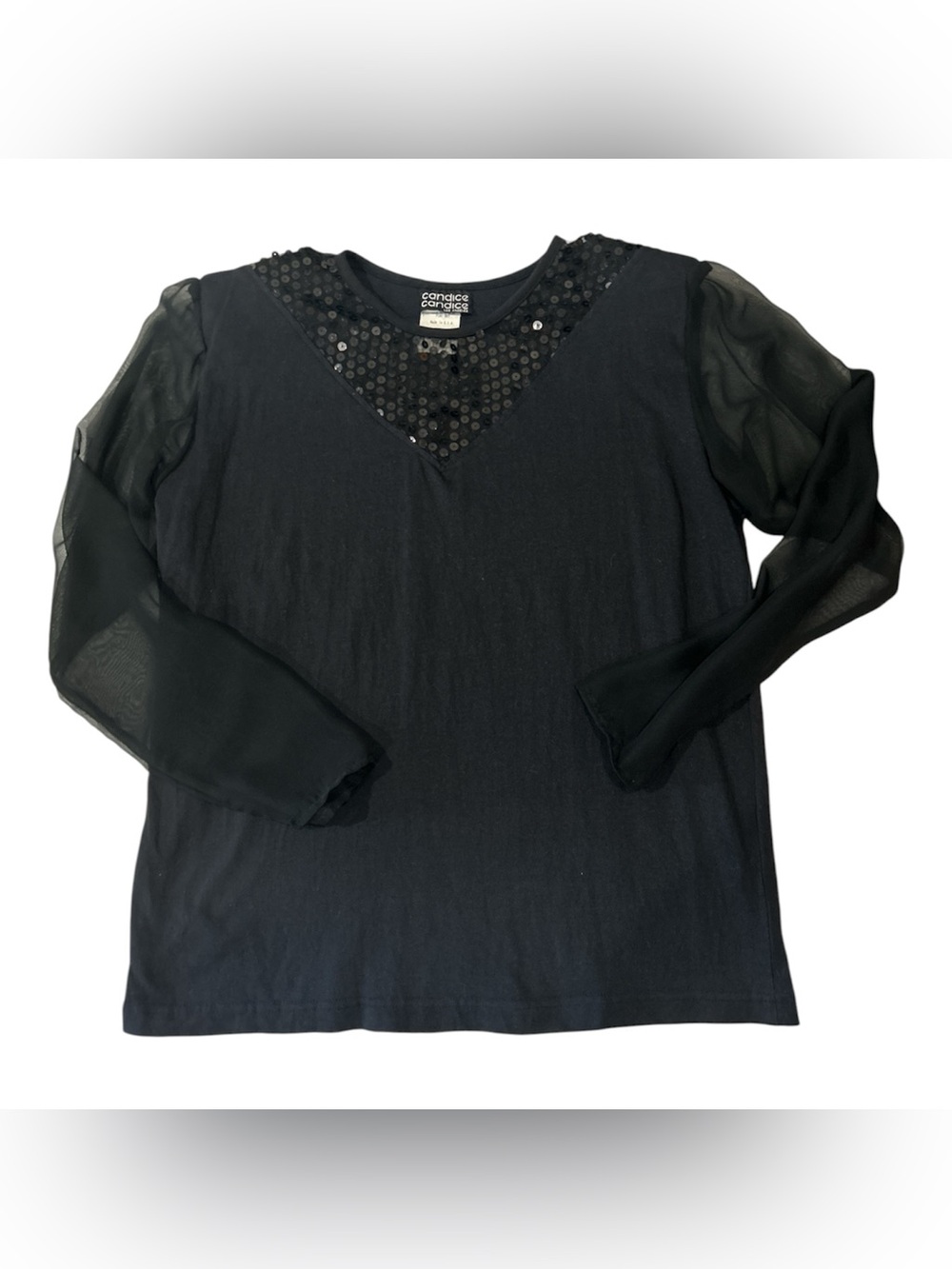 Candice Candice Vintage 80s Black Sequin V-Neck Sheer Sleeve Top Sz S 🇺🇸